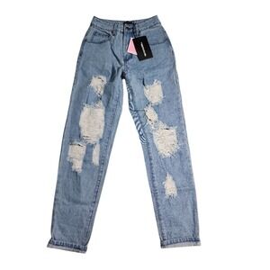 PrettyLittleThing Petite Mid Wash Distressed Jean Womens Size 0 (UK4) Grunge